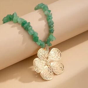 New!Anthropologie Statement Green Gemstone Beaded  with Gold Floral Pendant